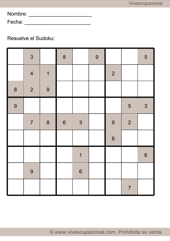 Sudoku en una hoja impresa con secciones para nombre y fecha en la parte superior. Complejo.