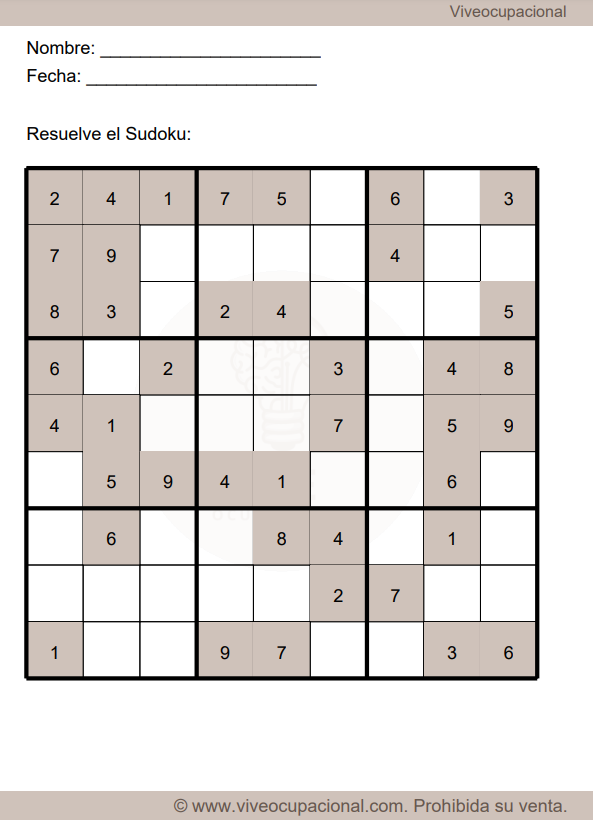 Sudoku en una hoja impresa con secciones para nombre y fecha en la parte superior.