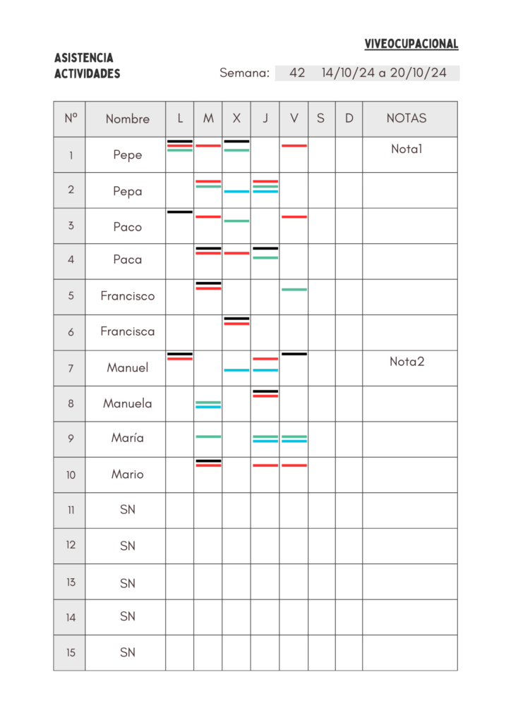 Hoja de asistencia a actividades, con columnas para los días de la semana y 15 filas con espacio para los usuarios.